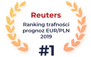 Obrazek nagrody reuters. Złote liście dookoła z napisem w środku 'Reuters, ranking trafności prognoz EUR/PLN 2019 #1'