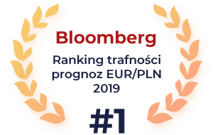 Obrazek nagrody bloomberg. Złote liście dookoła z napisem w środku 'Bloomberg, ranking trafności prognoz EUR/PLN 2019 #1' 