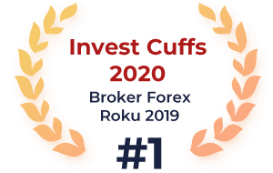 Obrazek nagrody invest cuffs. Złote liście dookoła z napisem w środku 'Invest Cuffs 2020, Broker Forex roku 2019 #1' 
