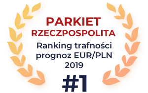 Obrazek nagrody parkiet. Złote liście dookoła z napisem w środku 'Parket Rzeczpospolita, ranking trafności prognoz EUR/PLN 2019 #1/PLN 2019 #1'