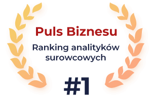 Obrazek nagrody puls biznesu. Złote liście dookoła z napisem w środku 'Puls Biznesu, ranking analityków surowców #1' 